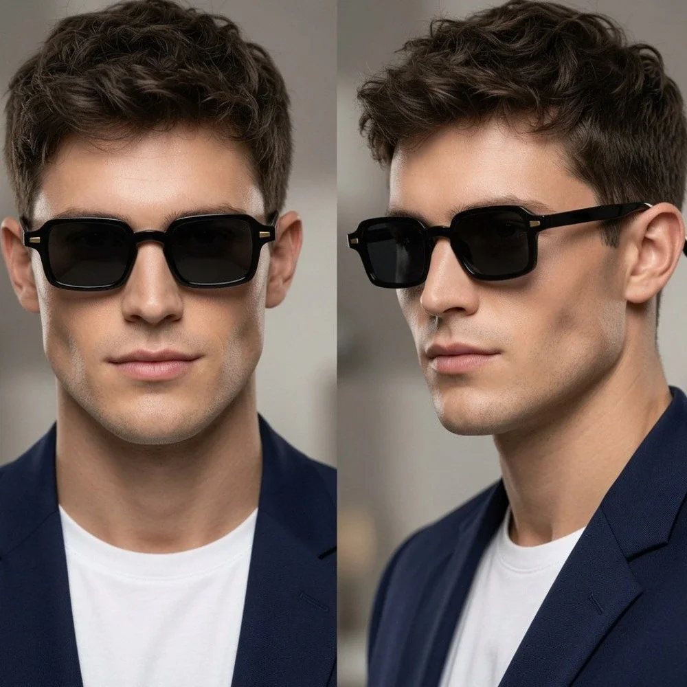 Mens Black Square‎ Sunglasses Retro Vintage Rectangular UV400 Protection Shades